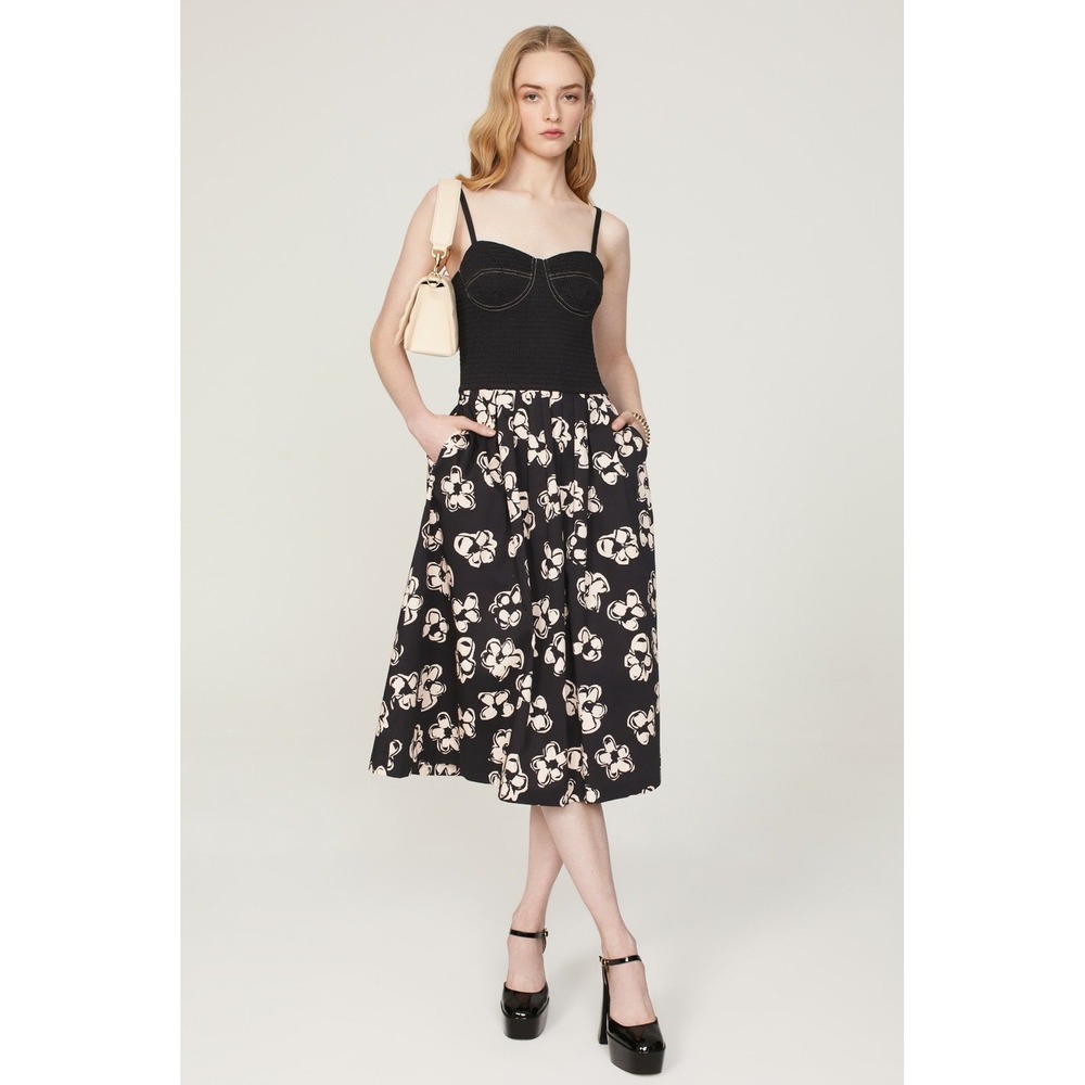 Marina Moscone Smocked‎ Bustier Midi Dress Black Cream Floral Full Skirt 6